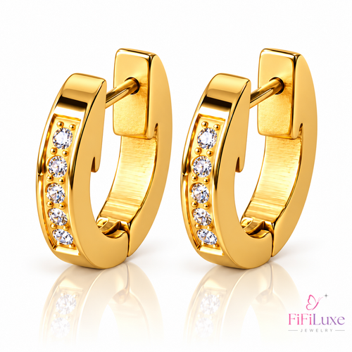 Pair of Mira Hoops gold-plated huggie earrings with cubic zirconia
