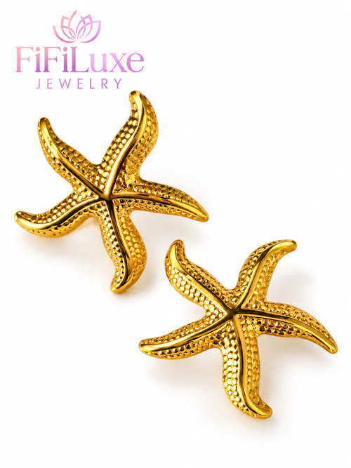 Starfish Stud Earrings in bright yellow gold with FiFiLuxe Jewelry logo