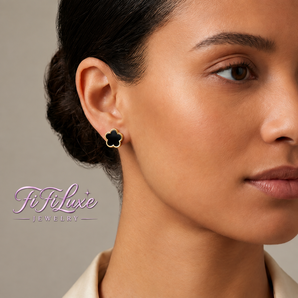 Clover Flower Stud Earrings - Black variant