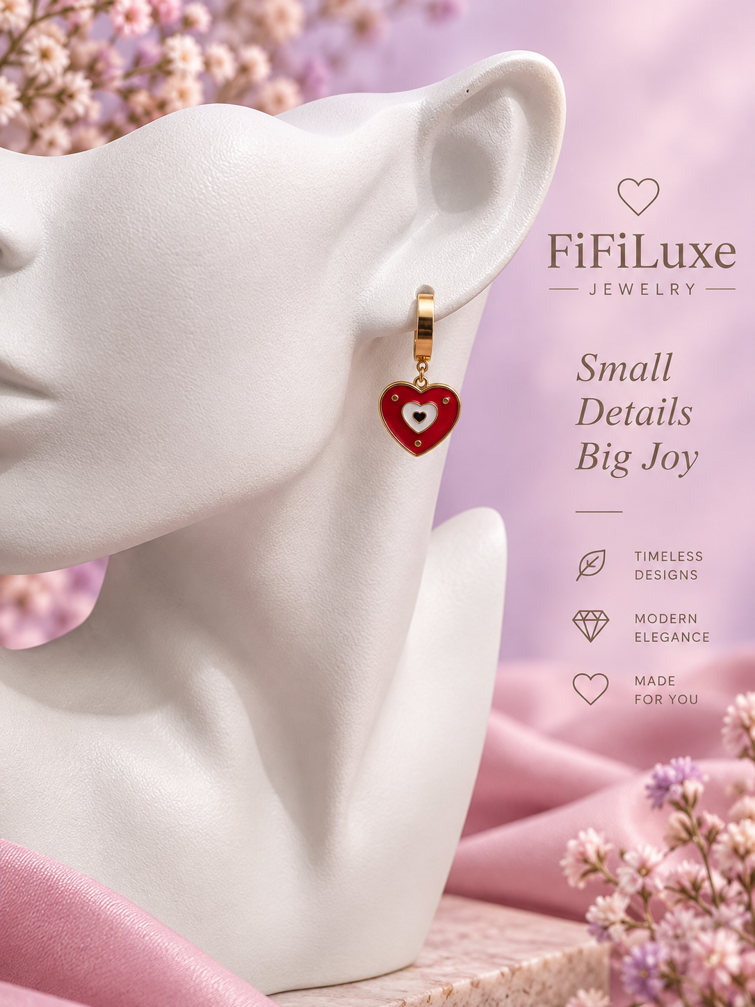 FiFiLuxe Jewelry gold hoop earring with a red heart-shaped pendant featuring a white heart in the center, displayed on a white mannequin head against a soft pink background with decorative flowers and text. — image 5 of 5