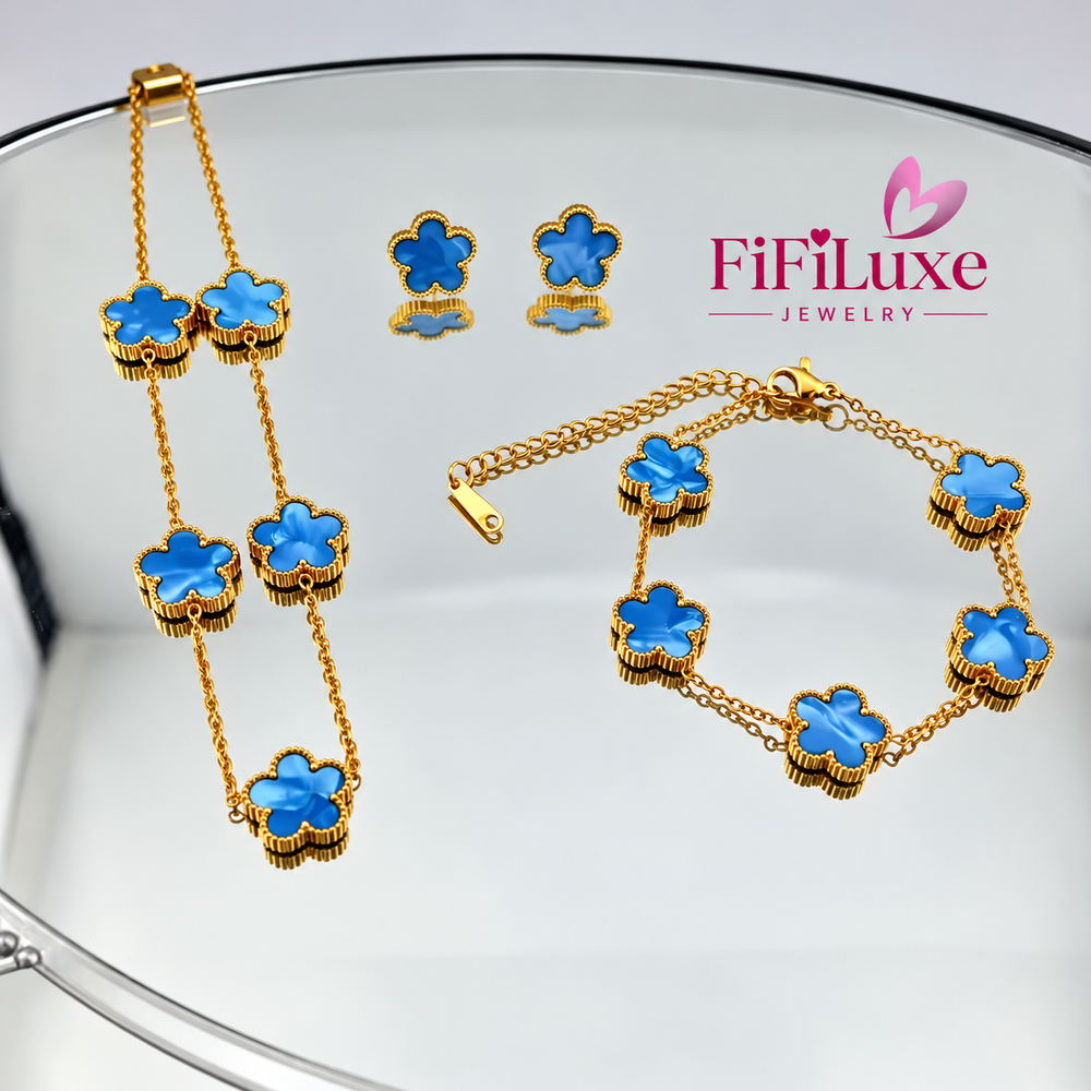 Fleur Set blue clover necklace, bracelet and earrings with FiFiLuxe pink logo