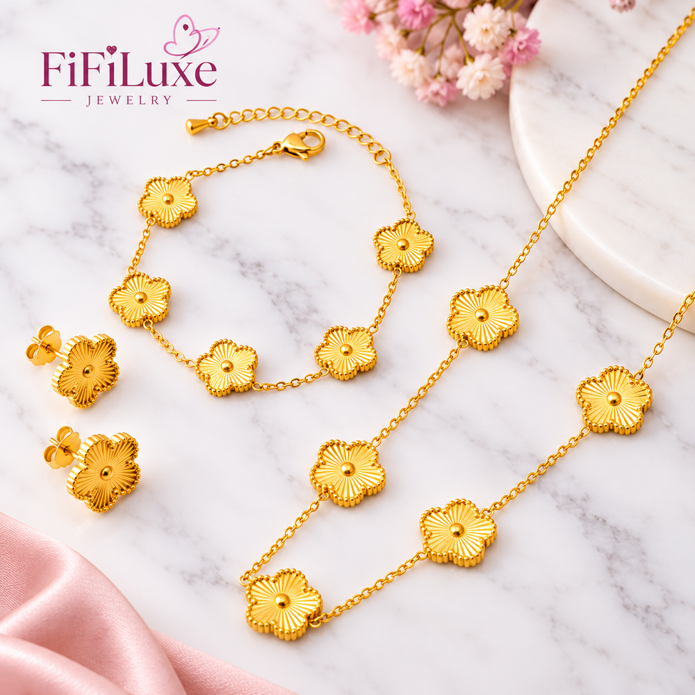 Fleur Set golden floral necklace, bracelet and earrings with FiFiLuxe Jewelry branding