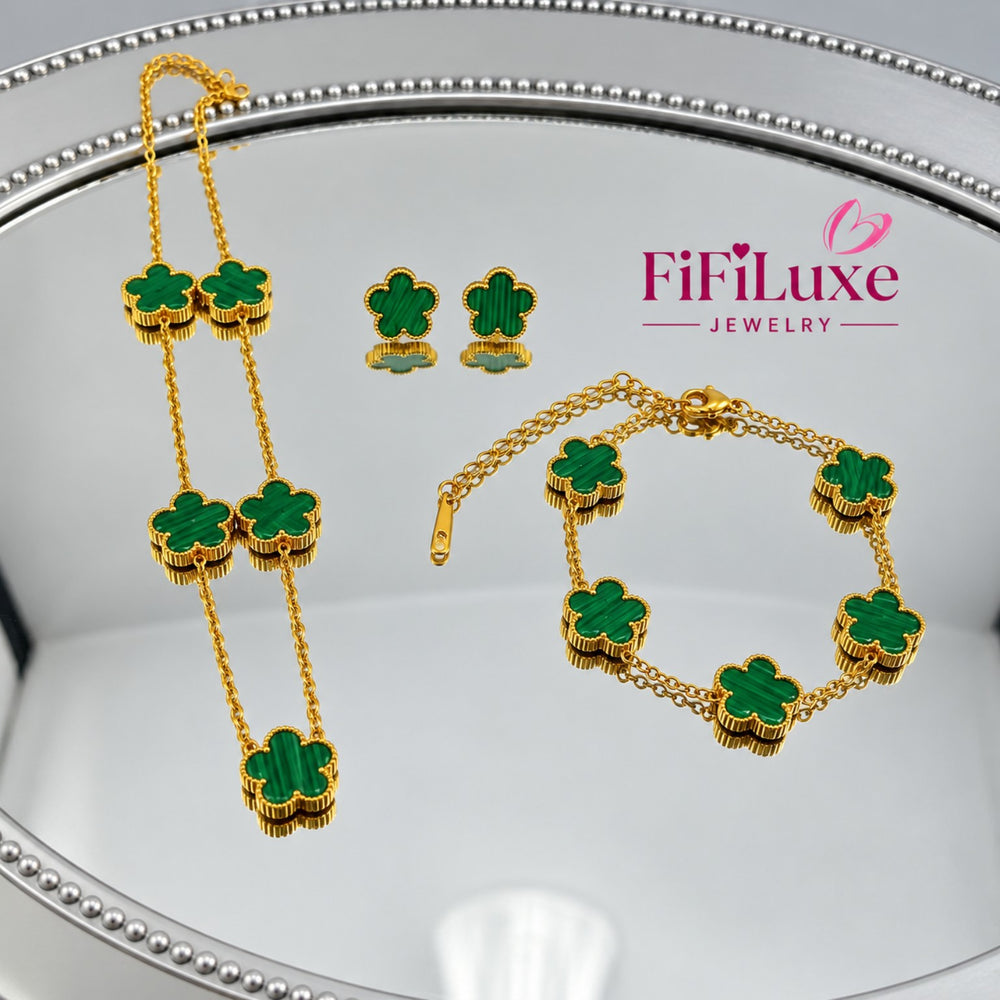 Fleur Set green clover necklace, bracelet and earrings with FiFiLuxe Jewelry logo