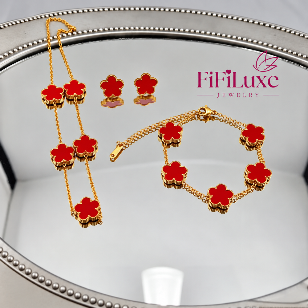 Fleur Set red clover necklace, bracelet and earrings with FiFiLuxe Jewelry logo