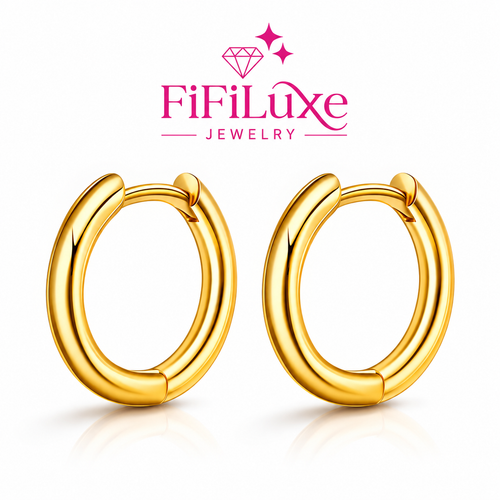 Kiddies gold hoop earrings with FiFiLuxe Jewelry logo