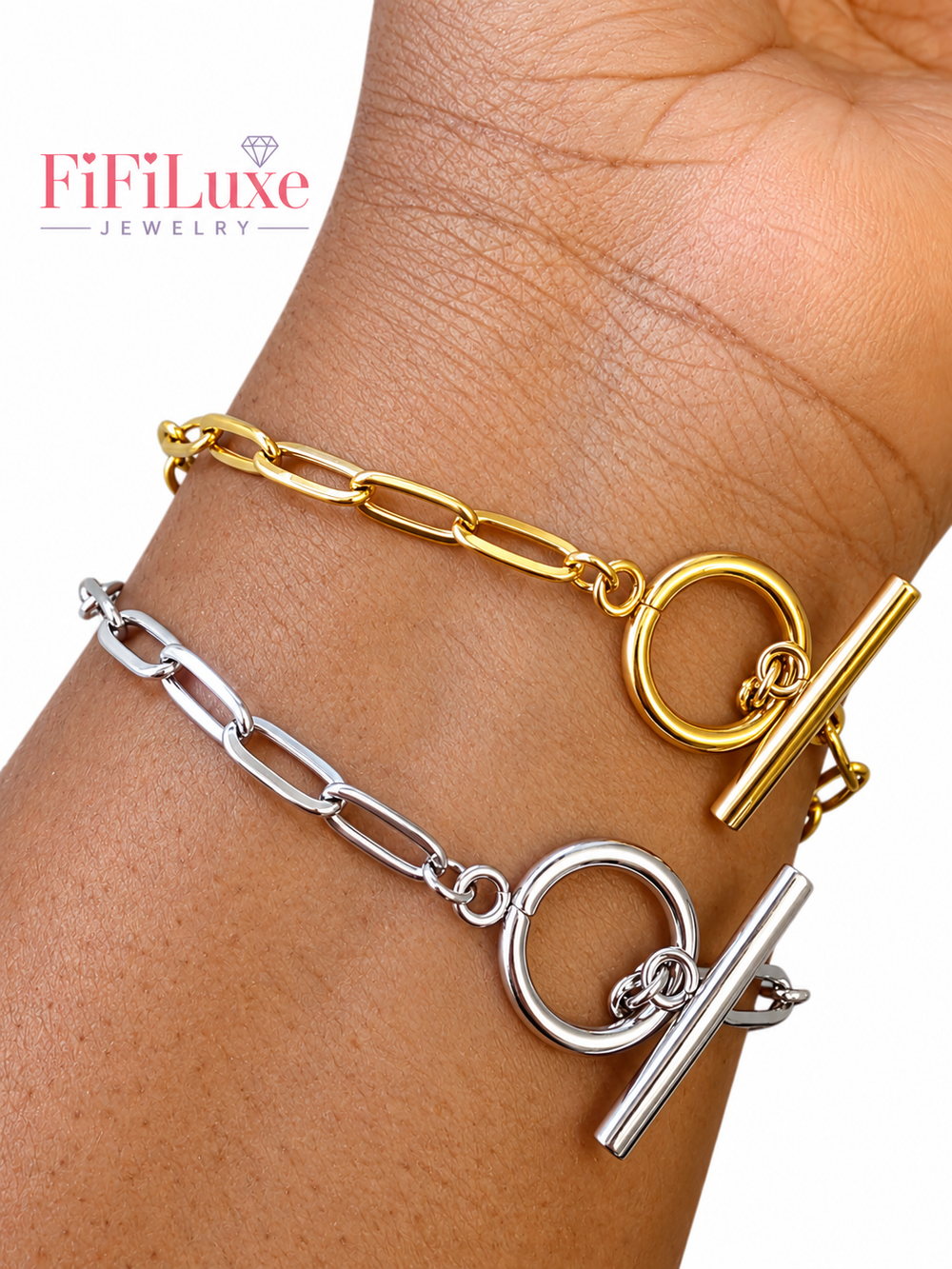 The Enny Link Bracelet, gold and silver finishes worn together