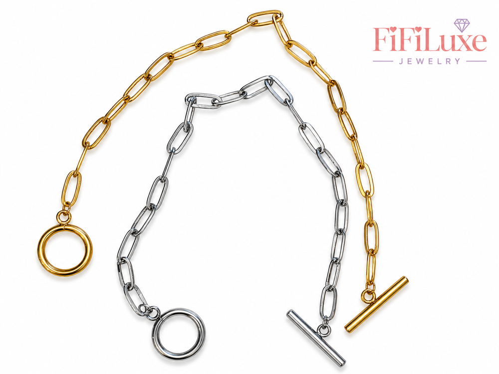 The Enny Link Bracelet, gold and silver finishes displayed together