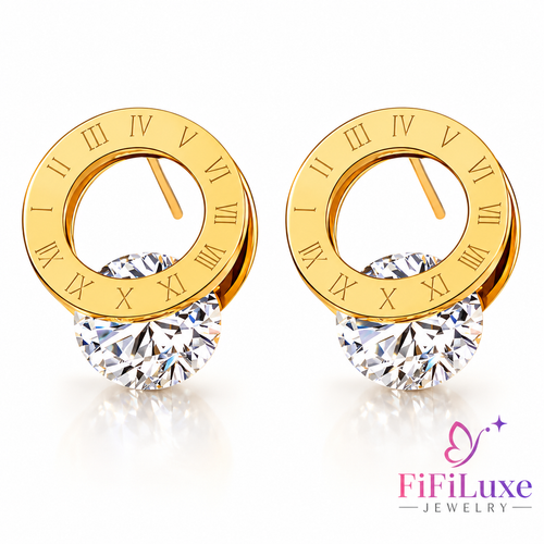 Roman Glow Studs gold Roman numeral earrings with cubic zirconia
