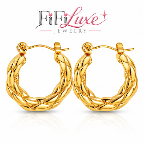 Luma Sculpted Hoops gold PVD-plated stainless steel earrings with FiFiLuxe Jewelry logo