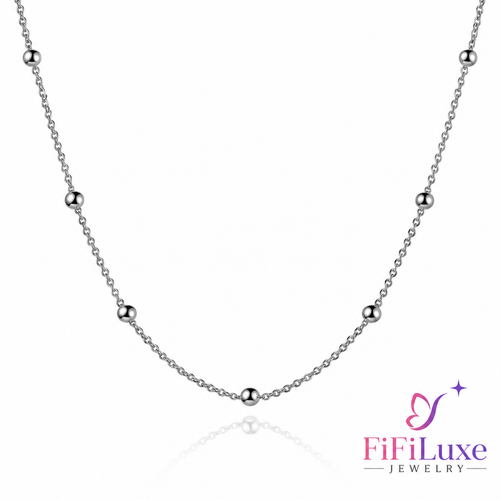 Silver Dot Necklace, stainless steel chain with polished silver-tone beads