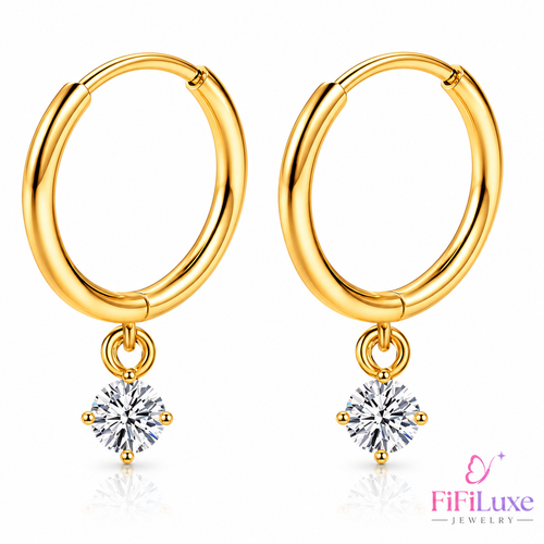 Tade Hoops Earrings by FiFiLuxe Jewelry, gold hoops with cubic zirconia drops