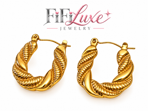 The Twisted Luxe Hoops gold PVD-plated stainless steel earrings with FiFiLuxe Jewelry logo